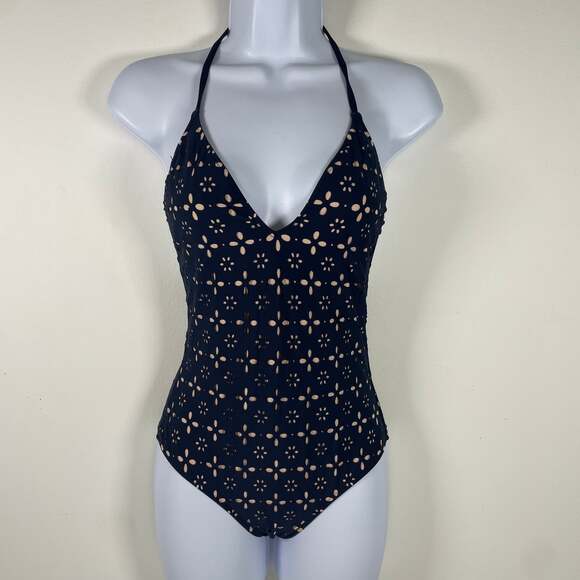 J.Crew Laser Cut Eyelet Halter One-Piece Swimsuit in Navy Size 4